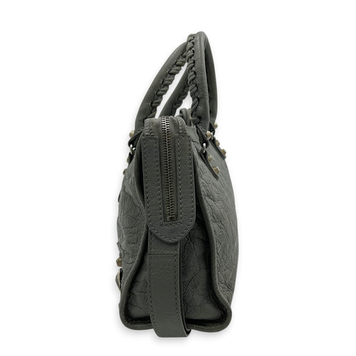 City Small Grey Shoulder Bag in Distressed Leather, Silver hardware