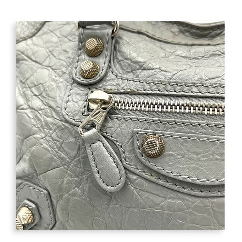 City Small Grey Shoulder Bag in Distressed Leather, Silver hardware