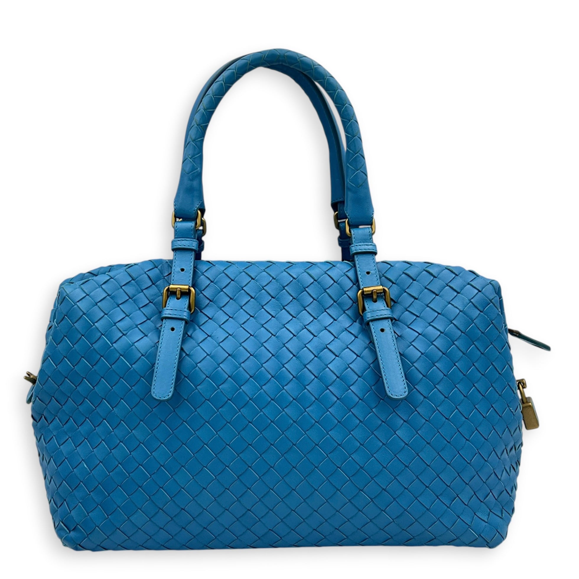 Intrecciato Top Handle Bag Cobalt Blue in Intrecciato Leather, Antique Brass hardware