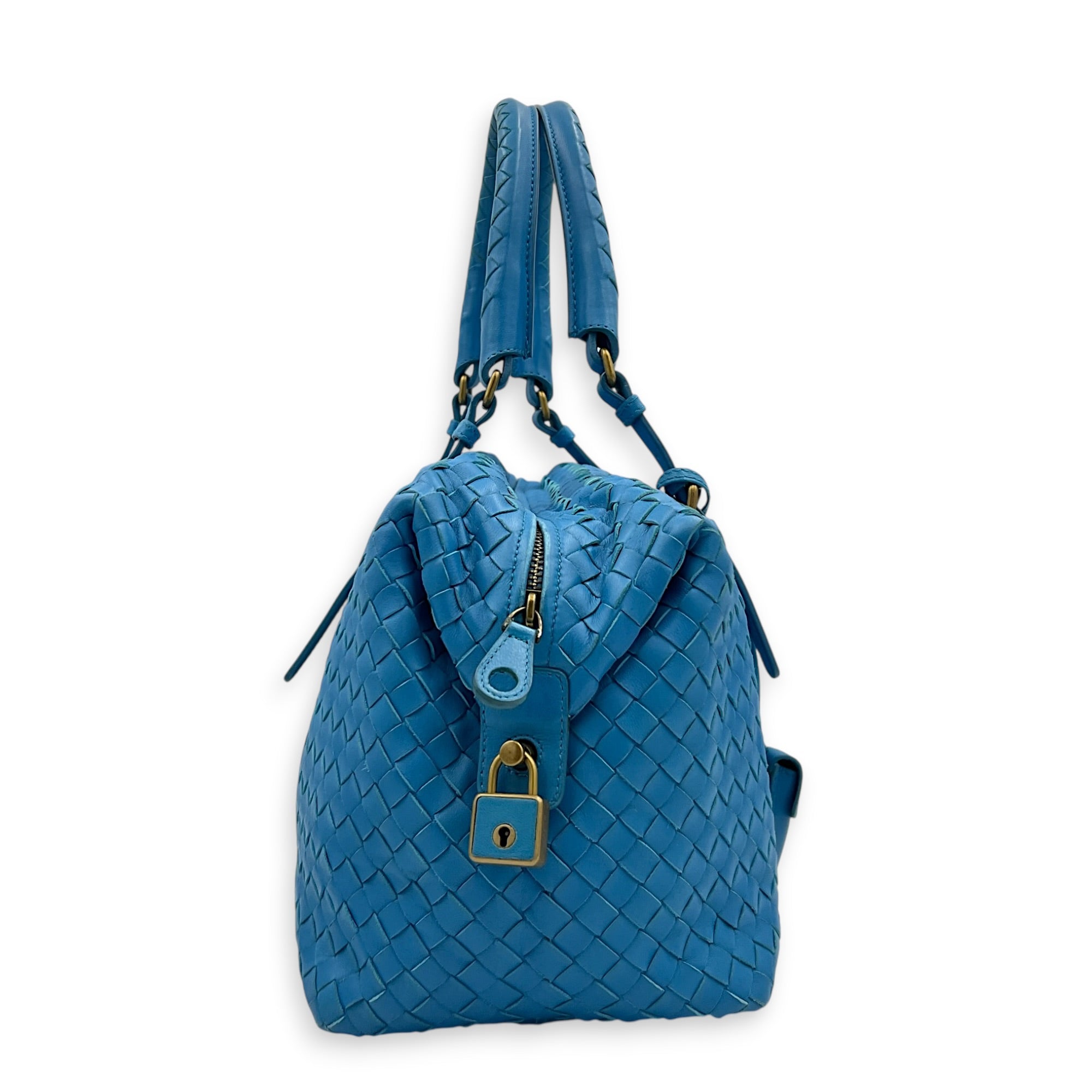Intrecciato Top Handle Bag Cobalt Blue in Intrecciato Leather, Antique Brass hardware