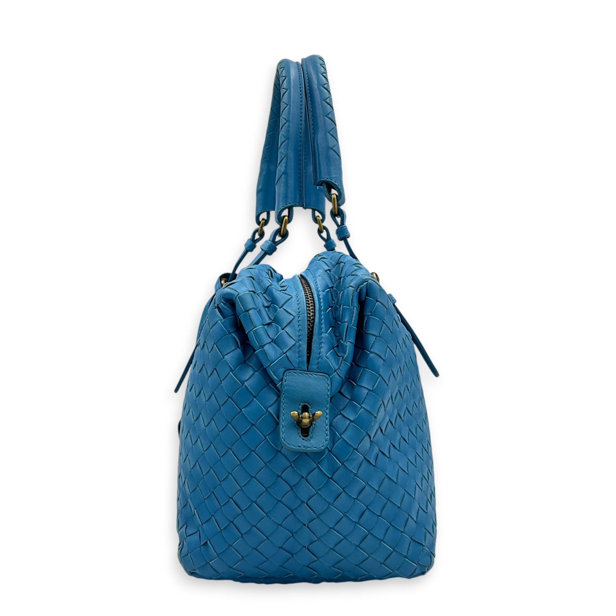 Intrecciato Top Handle Bag Cobalt Blue in Intrecciato Leather, Antique Brass hardware