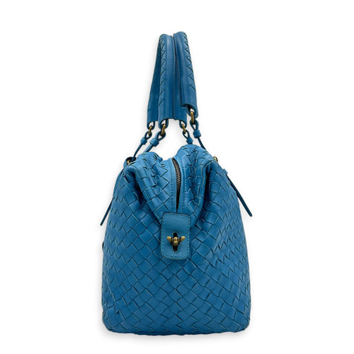 Intrecciato Top Handle Bag Cobalt Blue in Intrecciato Leather, Antique Brass hardware