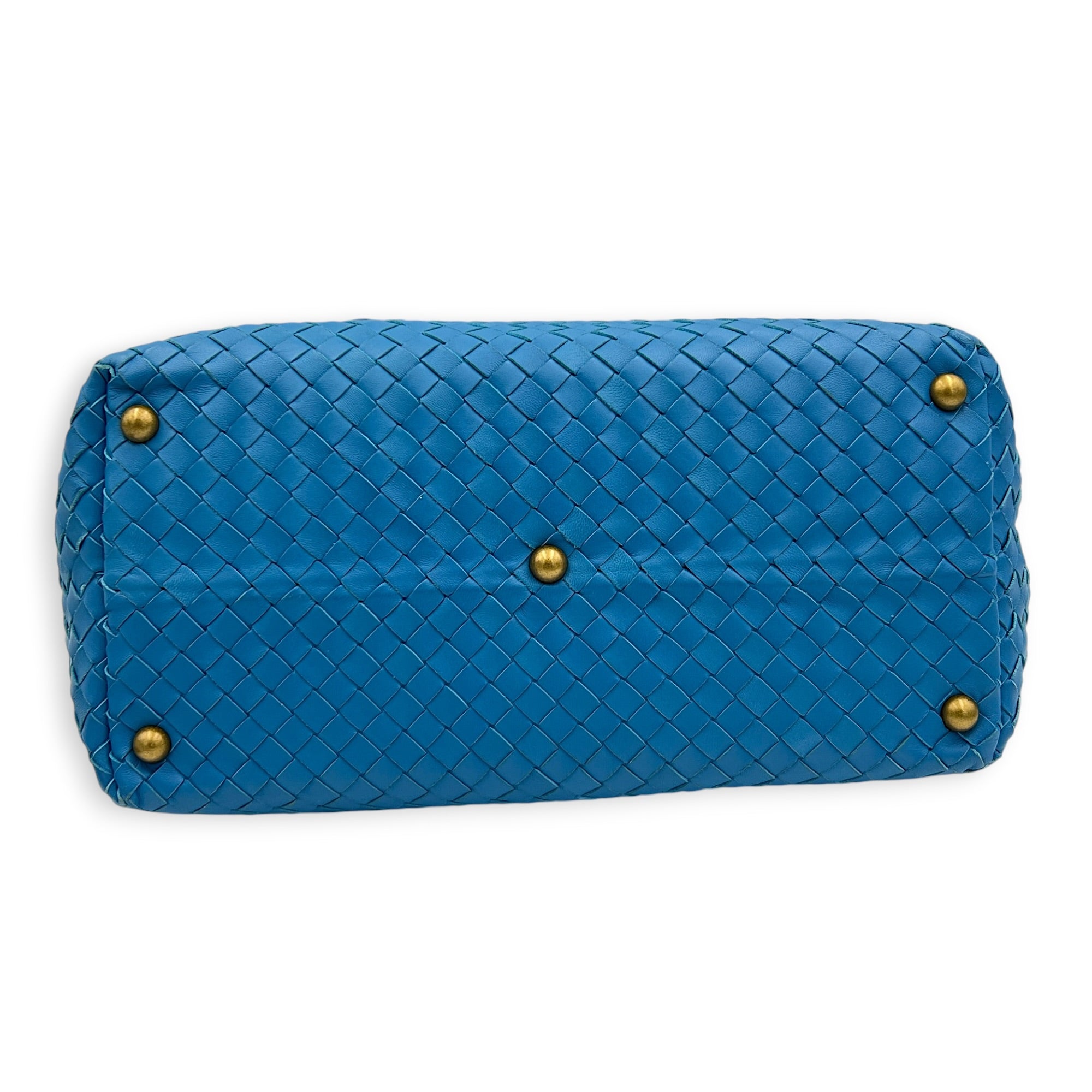Intrecciato Top Handle Bag Cobalt Blue in Intrecciato Leather, Antique Brass hardware