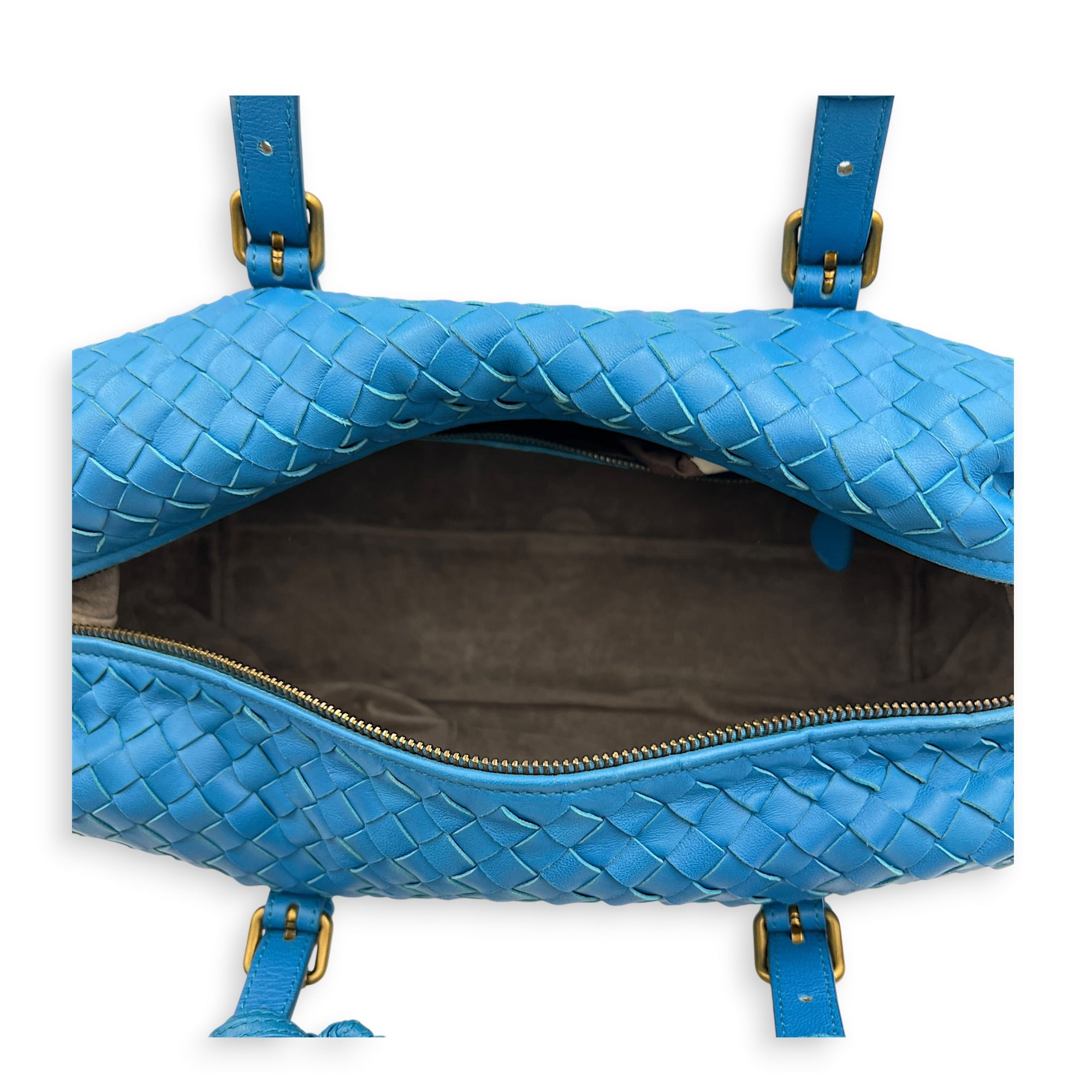 Intrecciato Top Handle Bag Cobalt Blue in Intrecciato Leather, Antique Brass hardware