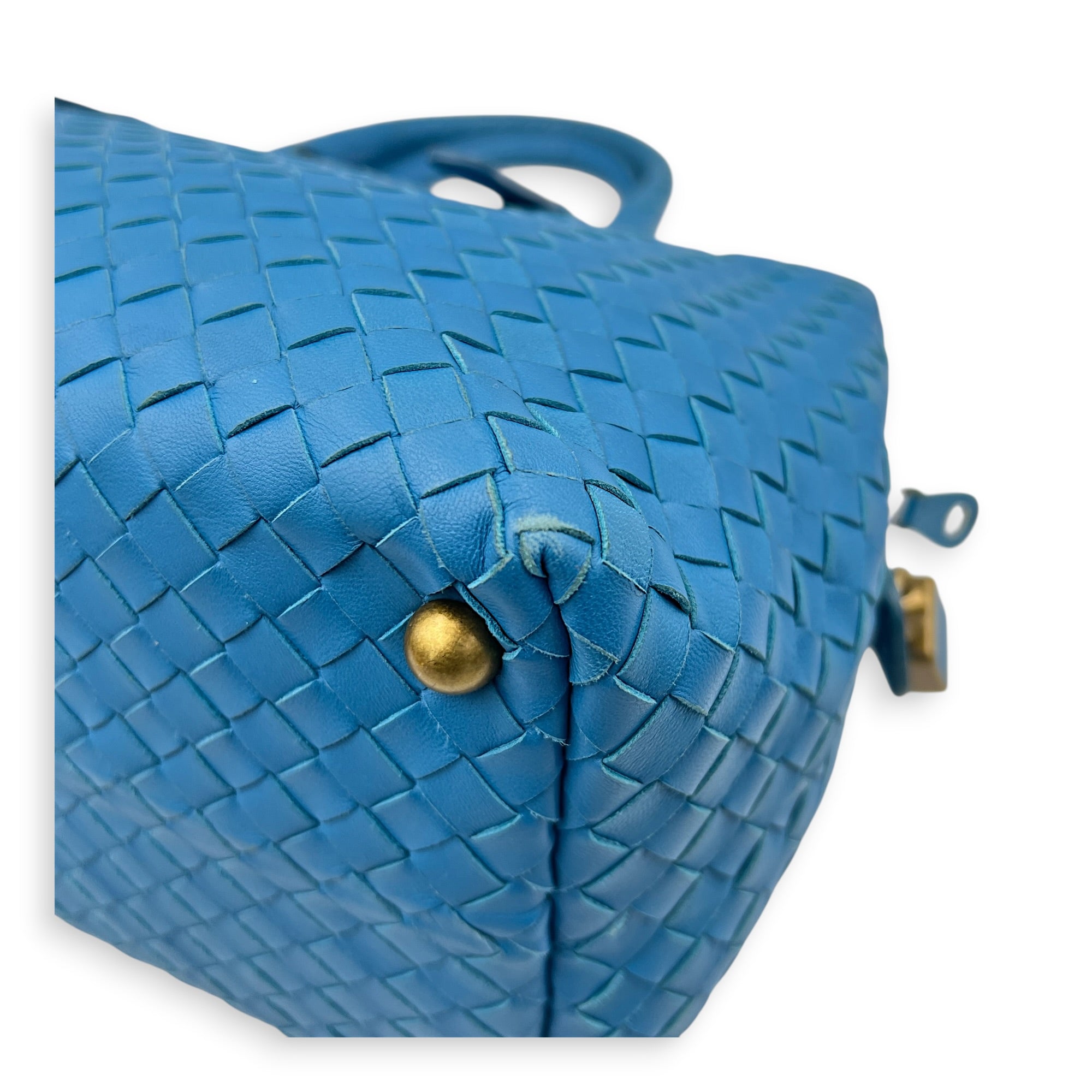 Intrecciato Top Handle Bag Cobalt Blue in Intrecciato Leather, Antique Brass hardware
