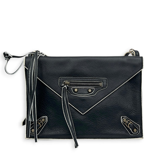 Papier Triple XS Black Crossbody Bag in Calfskin, Brass hardware