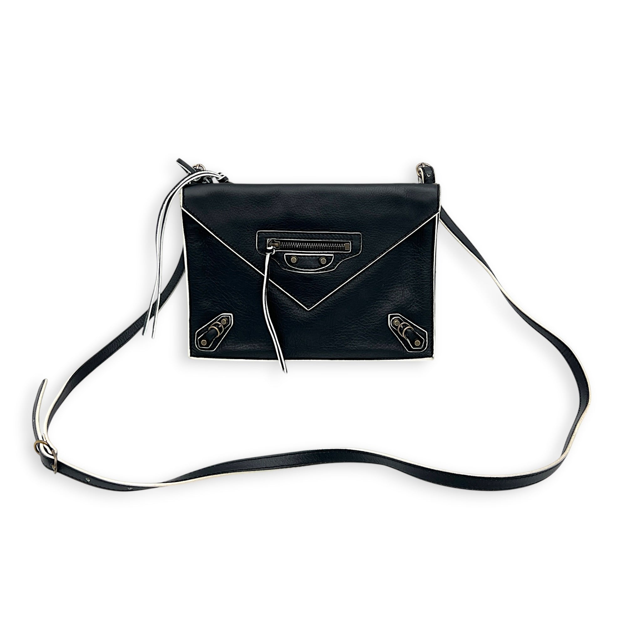 Papier Triple XS Black Crossbody Bag in Calfskin, Brass hardware