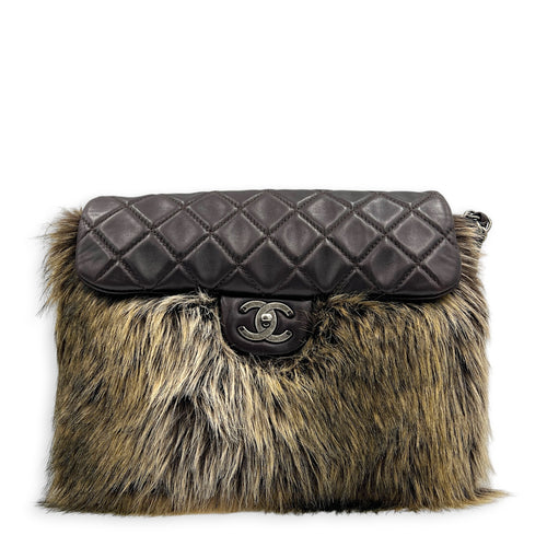 Classic Flap Brown Shoulder Bag in Lambskin & Rabbit Fur, Silver hardware