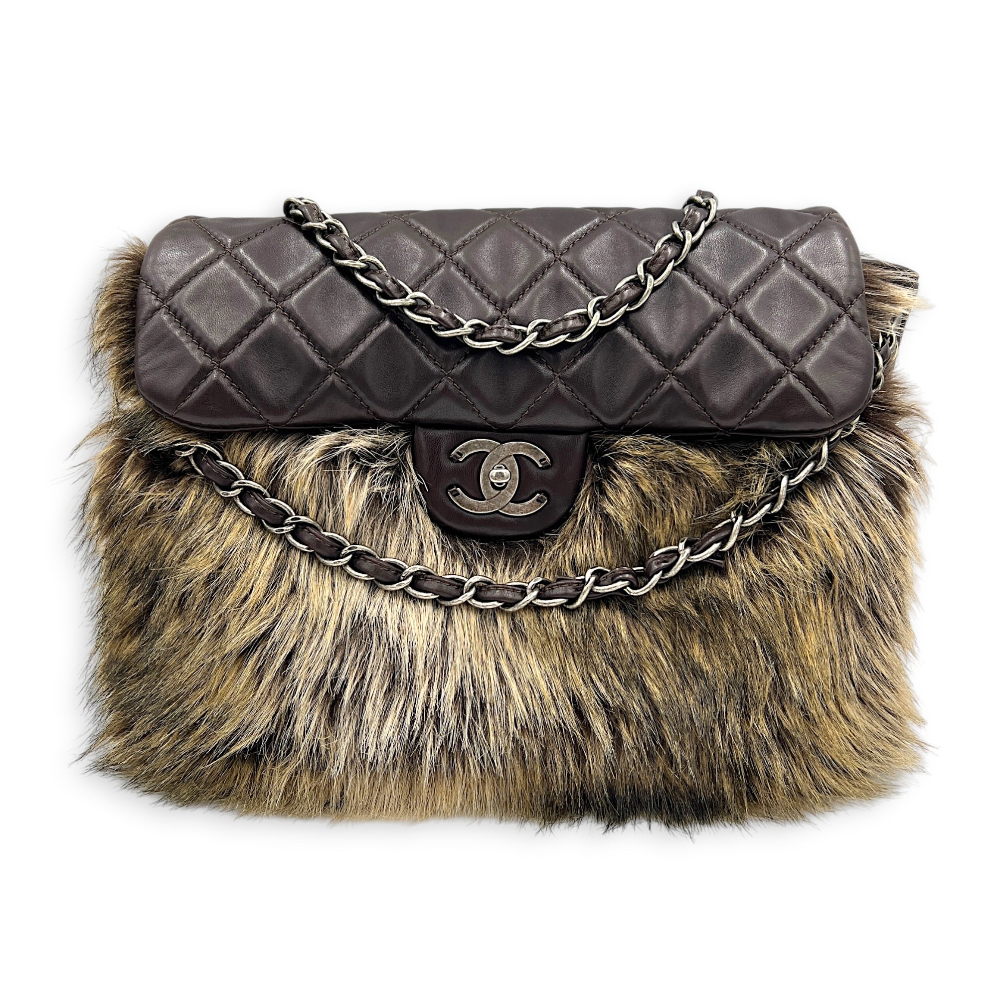 Classic Flap Brown Shoulder Bag in Lambskin & Rabbit Fur, Silver hardware