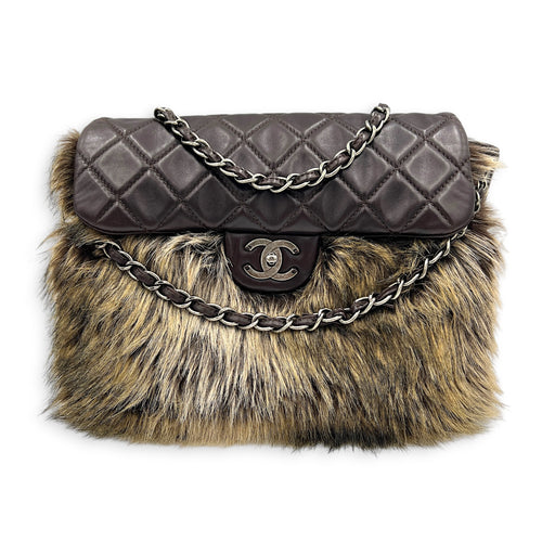 Classic Flap Brown Shoulder Bag in Lambskin & Rabbit Fur, Silver hardware