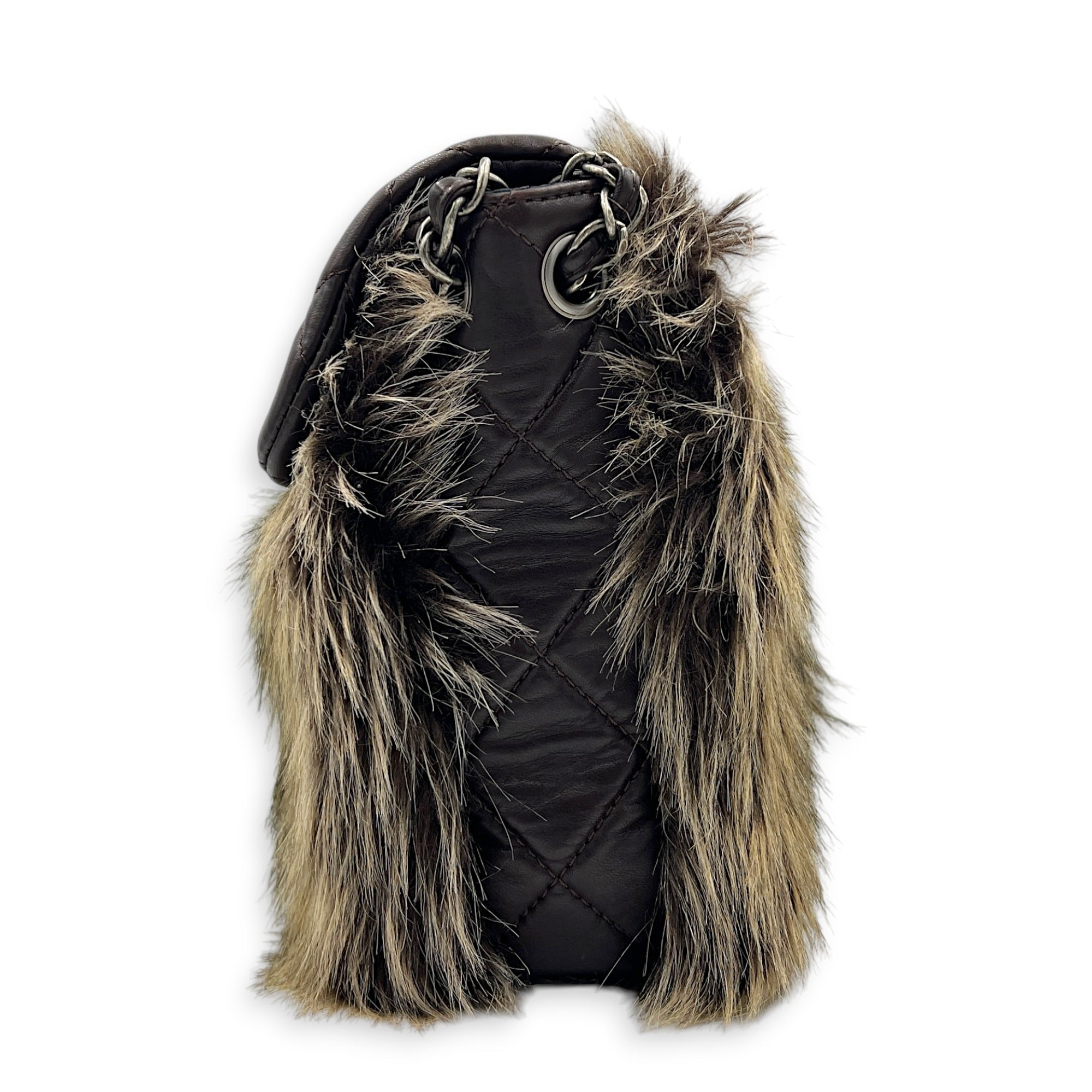 Classic Flap Brown Shoulder Bag in Lambskin & Rabbit Fur, Silver hardware