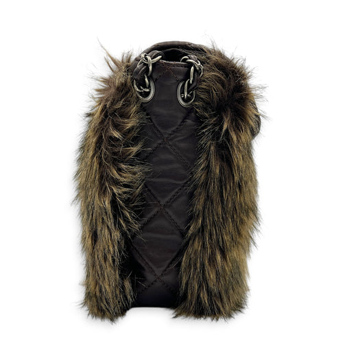 Classic Flap Brown Shoulder Bag in Lambskin & Rabbit Fur, Silver hardware