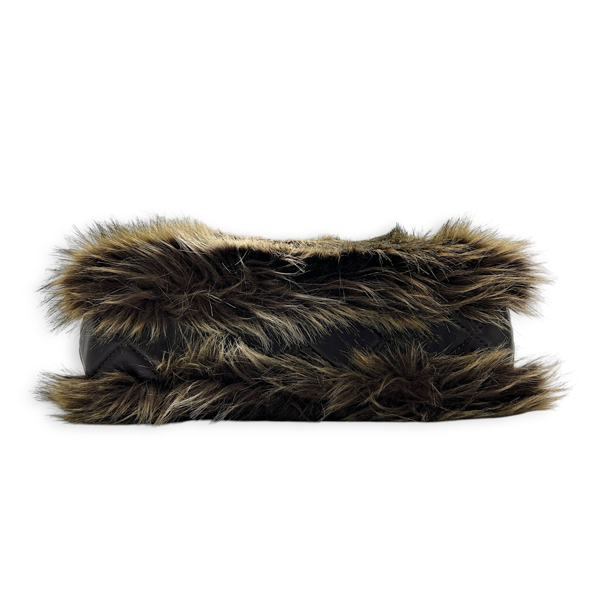 Classic Flap Brown Shoulder Bag in Lambskin & Rabbit Fur, Silver hardware