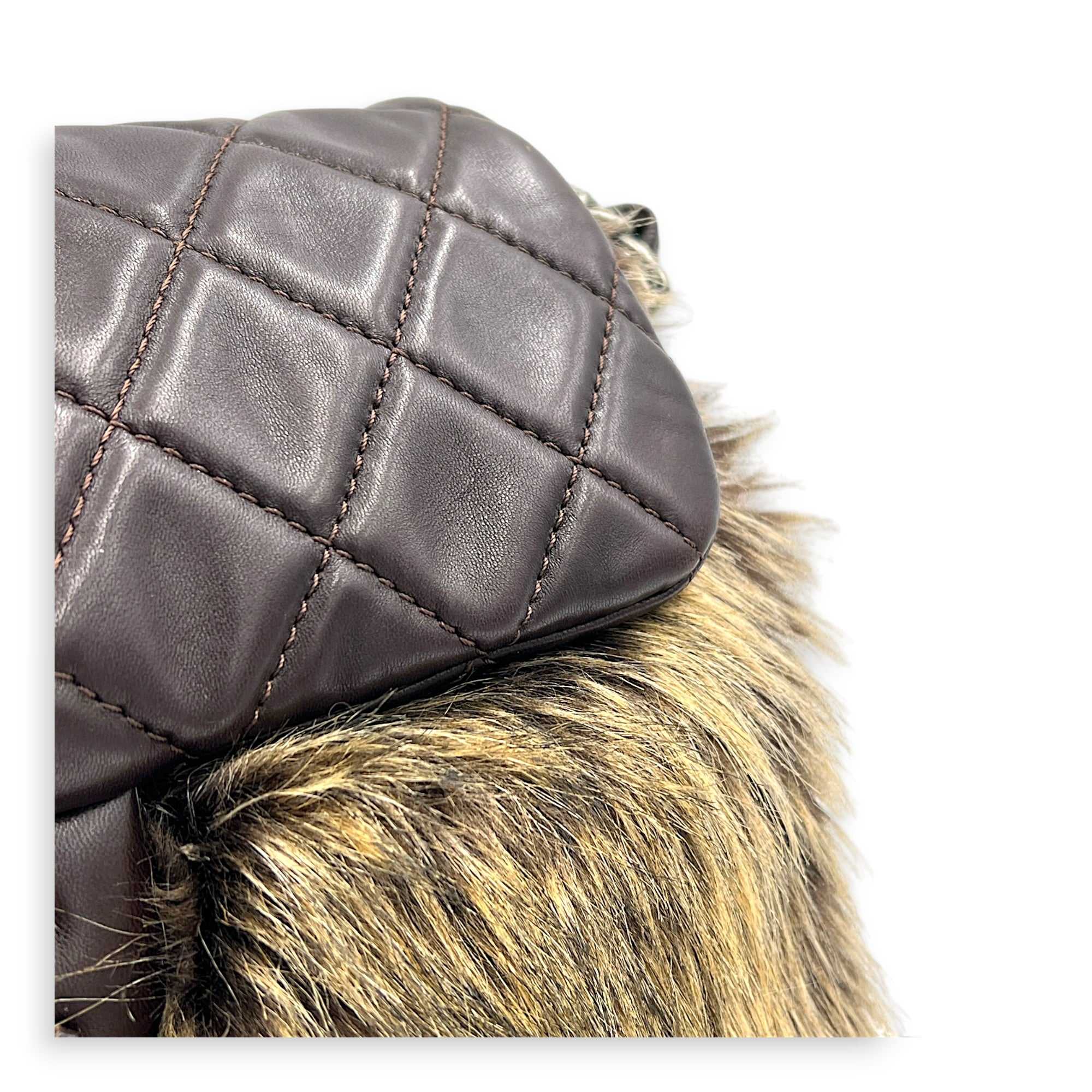 Classic Flap Brown Shoulder Bag in Lambskin & Rabbit Fur, Silver hardware