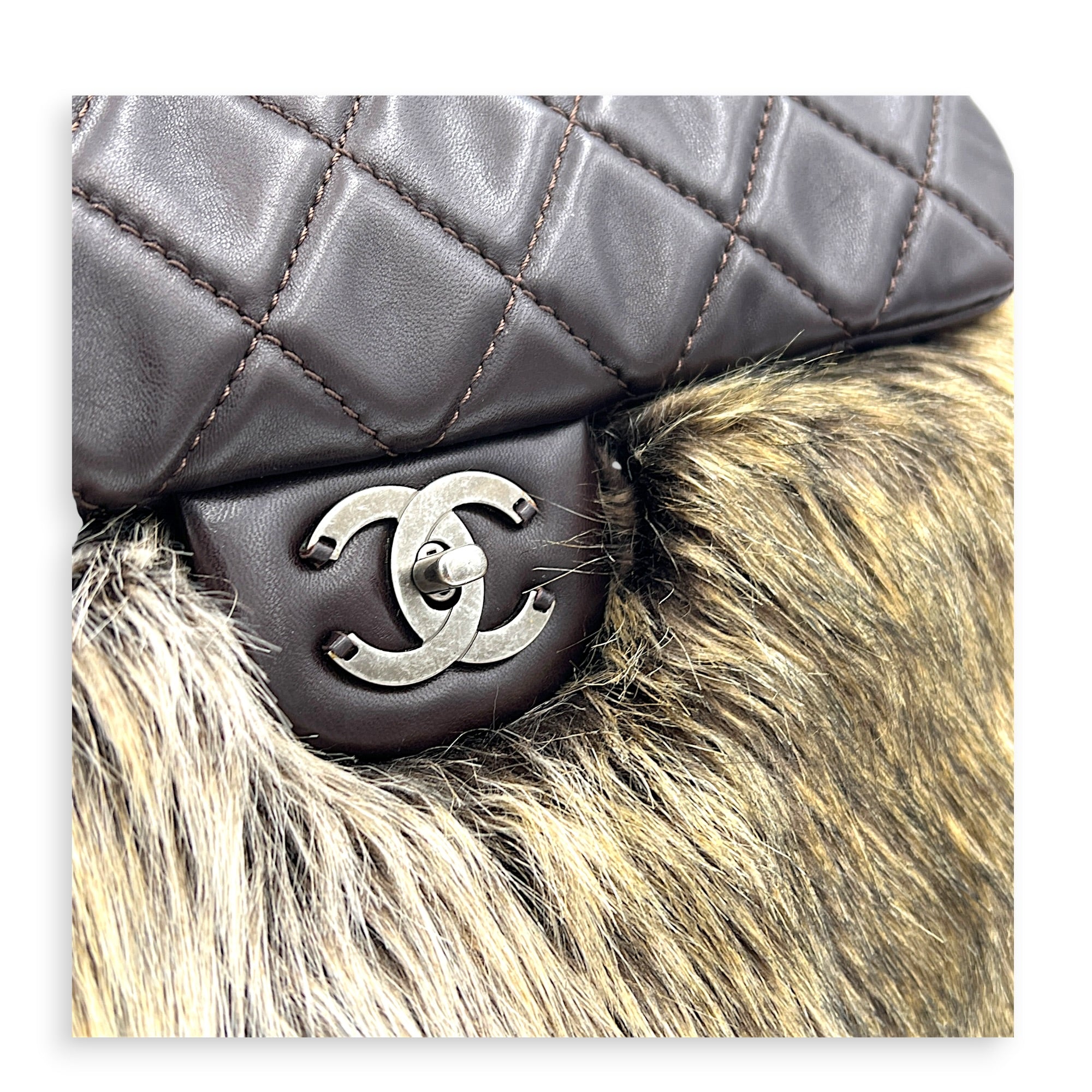 Classic Flap Brown Shoulder Bag in Lambskin & Rabbit Fur, Silver hardware