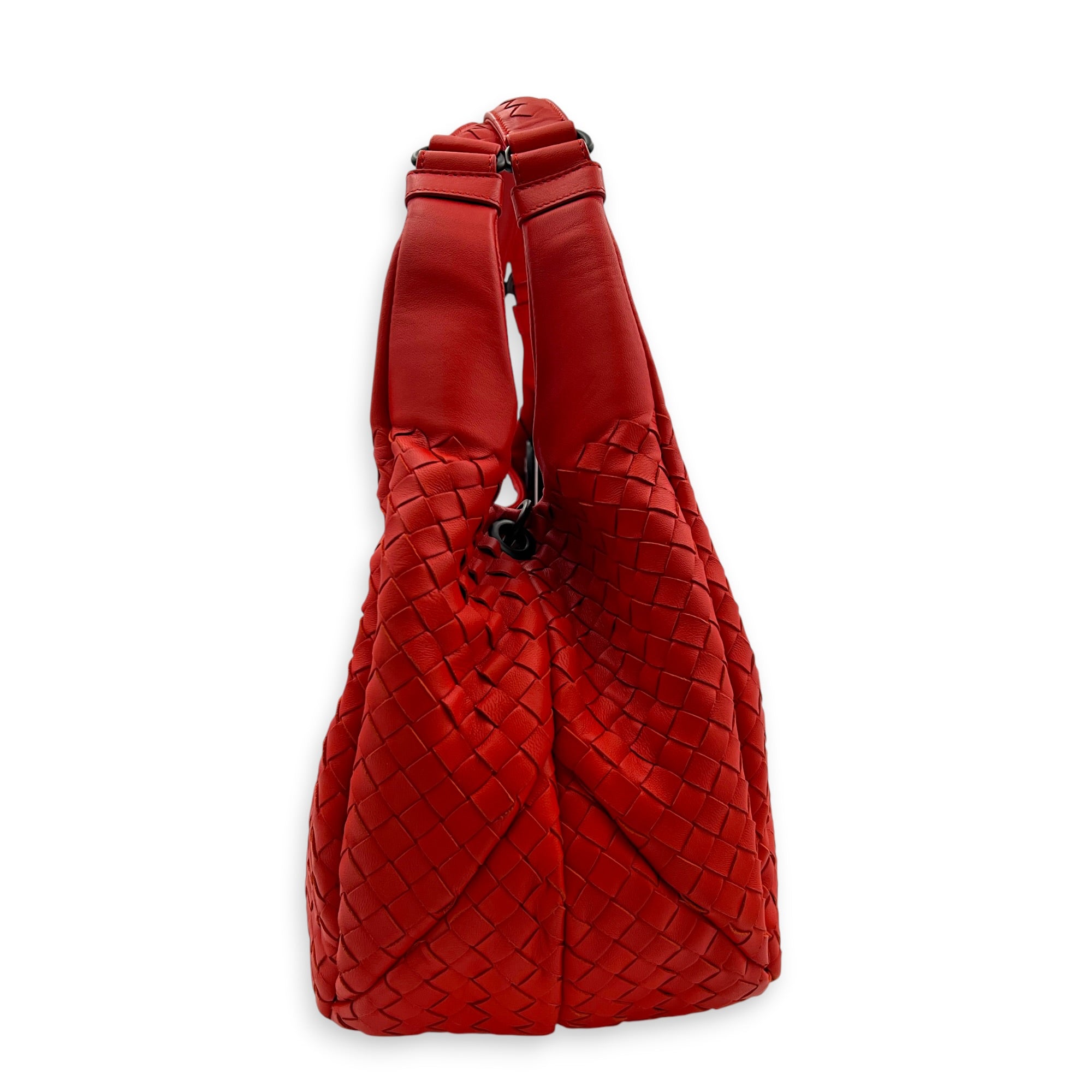 Campana Shoulder Bag Large Red in Intrecciato Leather, Gunmetal hardware