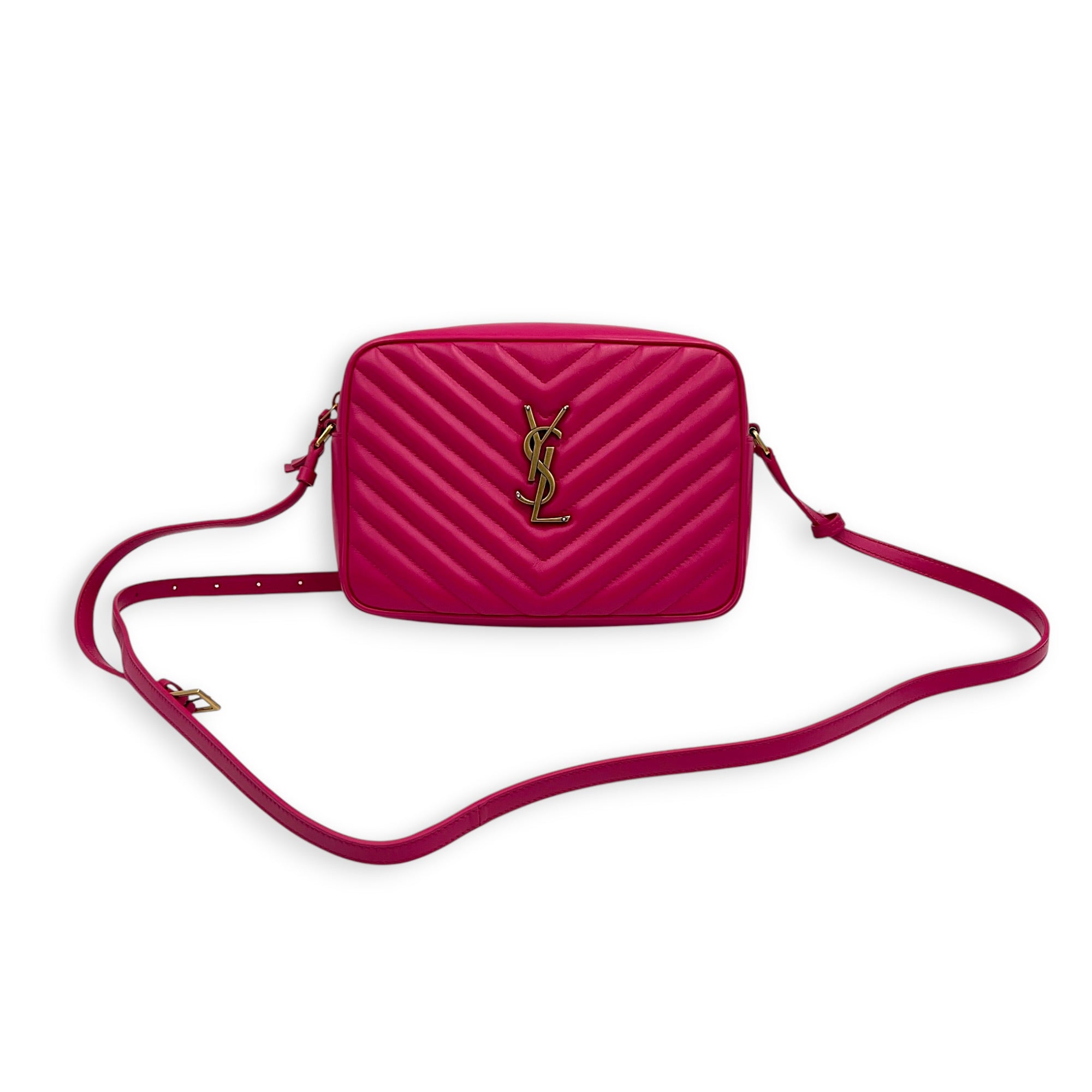 Lou Camera Fuchsia Crossbody Bag in Lambskin, Gold hardware