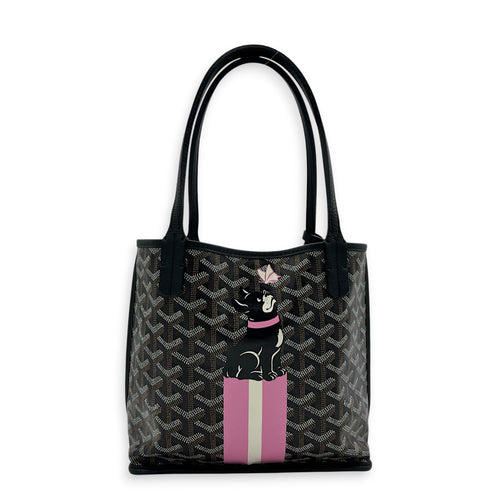 Anjou Top Handle Bag Mini Black in Coated Canvas, Silver hardware