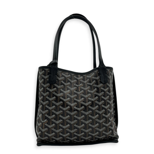 Anjou Top Handle Bag Mini Black in Coated Canvas, Silver hardware