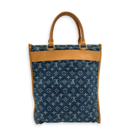 Sac Plat Shopper Blue Tote Bag in Denim, Gold hardware