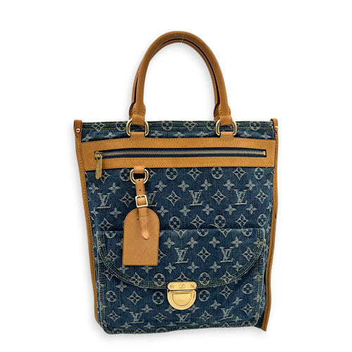 Sac Plat Shopper Blue Tote Bag in Denim, Gold hardware