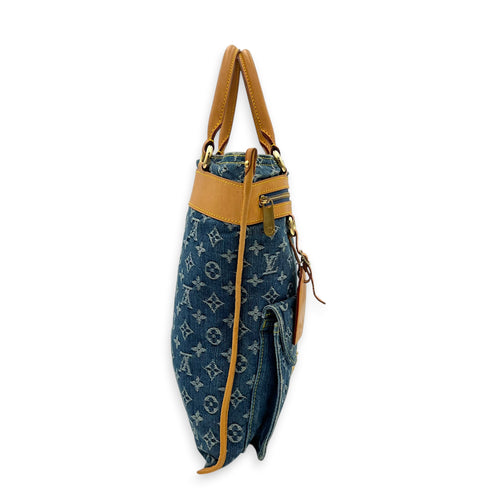 Sac Plat Shopper Blue Tote Bag in Denim, Gold hardware