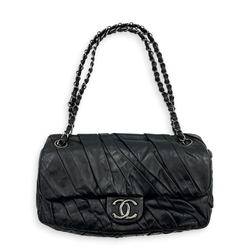 Twisted Flap Black Shoulder Bag in Calfskin, Silver hardware