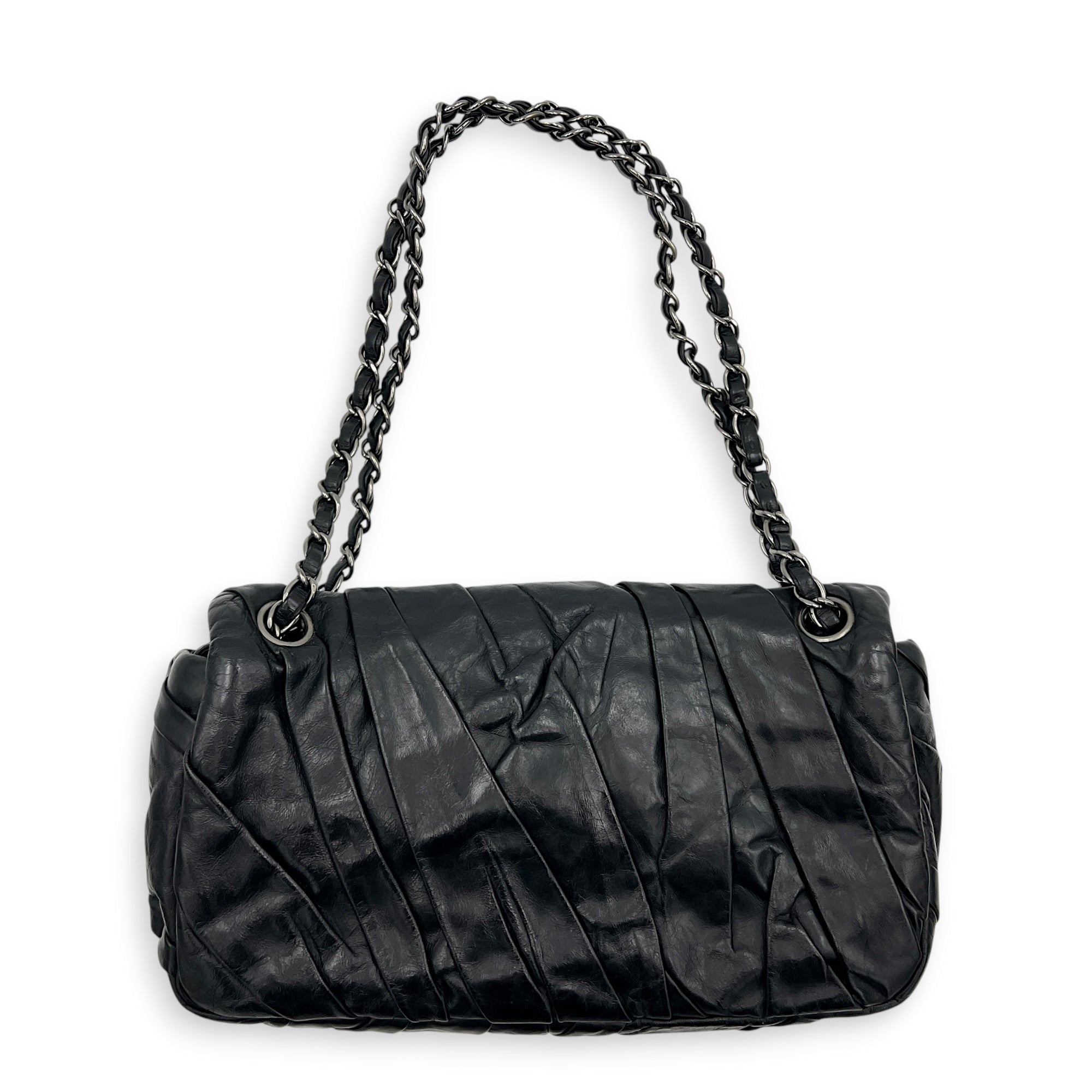 Twisted Flap Black Shoulder Bag in Calfskin, Silver hardware