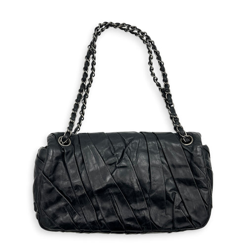 Twisted Flap Black Shoulder Bag in Calfskin, Silver hardware