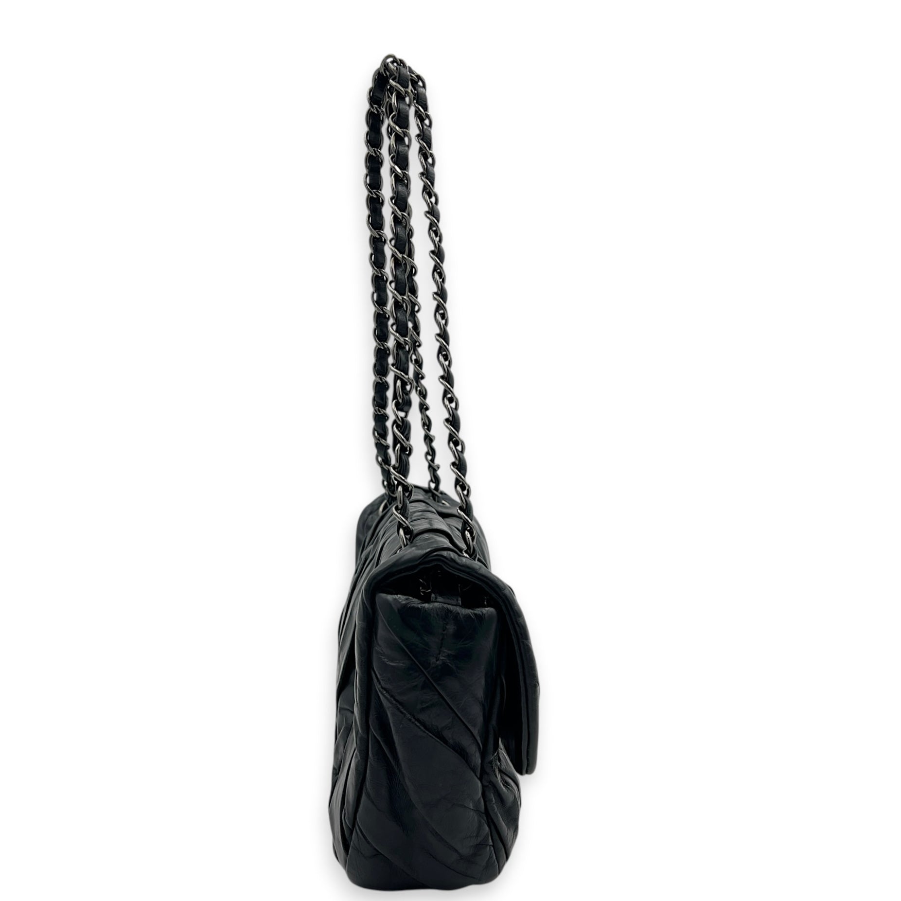 Twisted Flap Black Shoulder Bag in Calfskin, Silver hardware