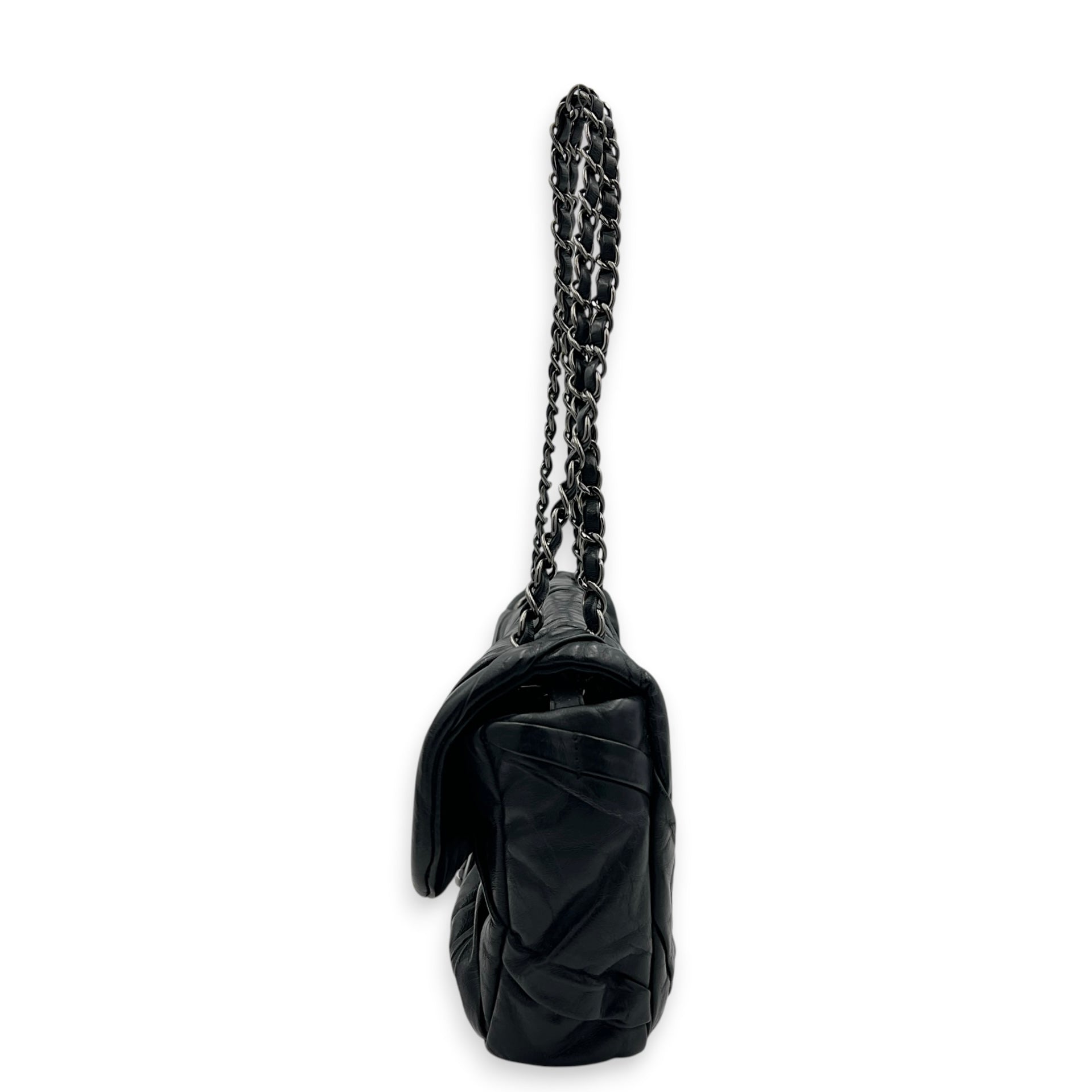 Twisted Flap Black Shoulder Bag in Calfskin, Silver hardware