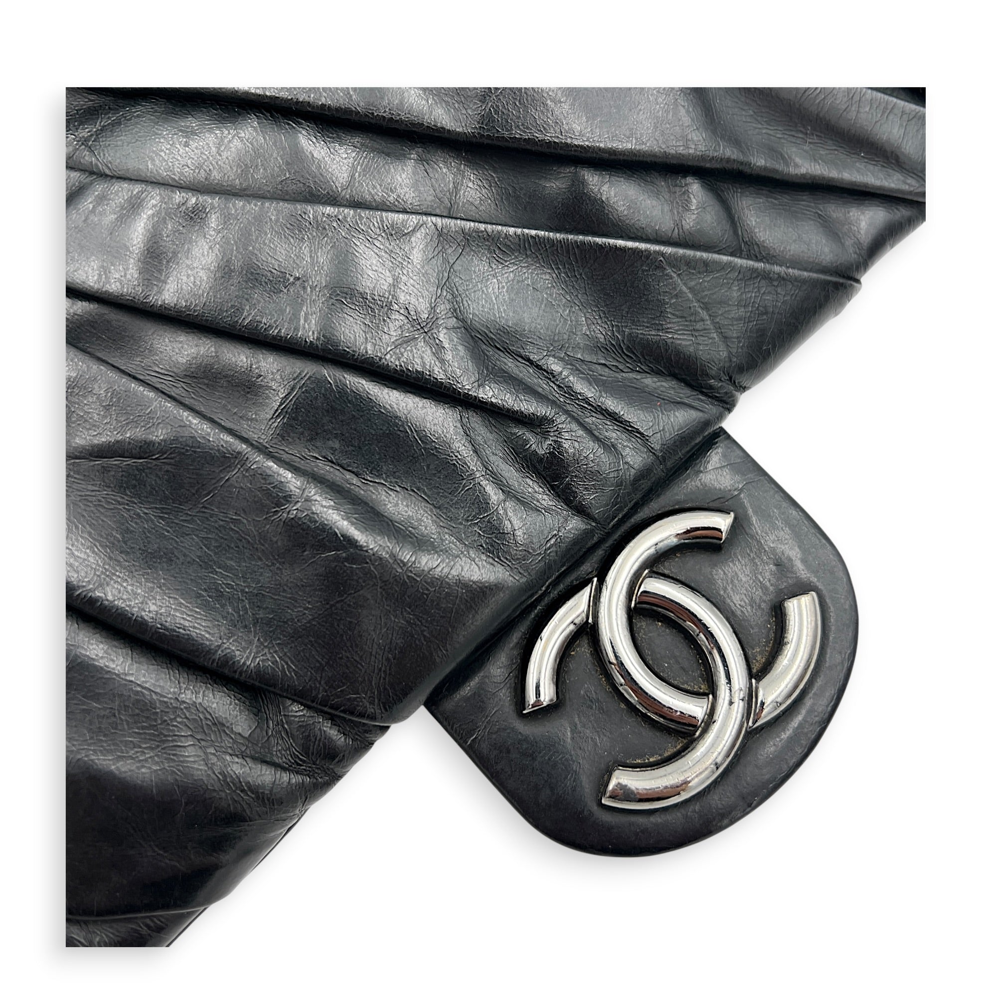 Twisted Flap Black Shoulder Bag in Calfskin, Silver hardware