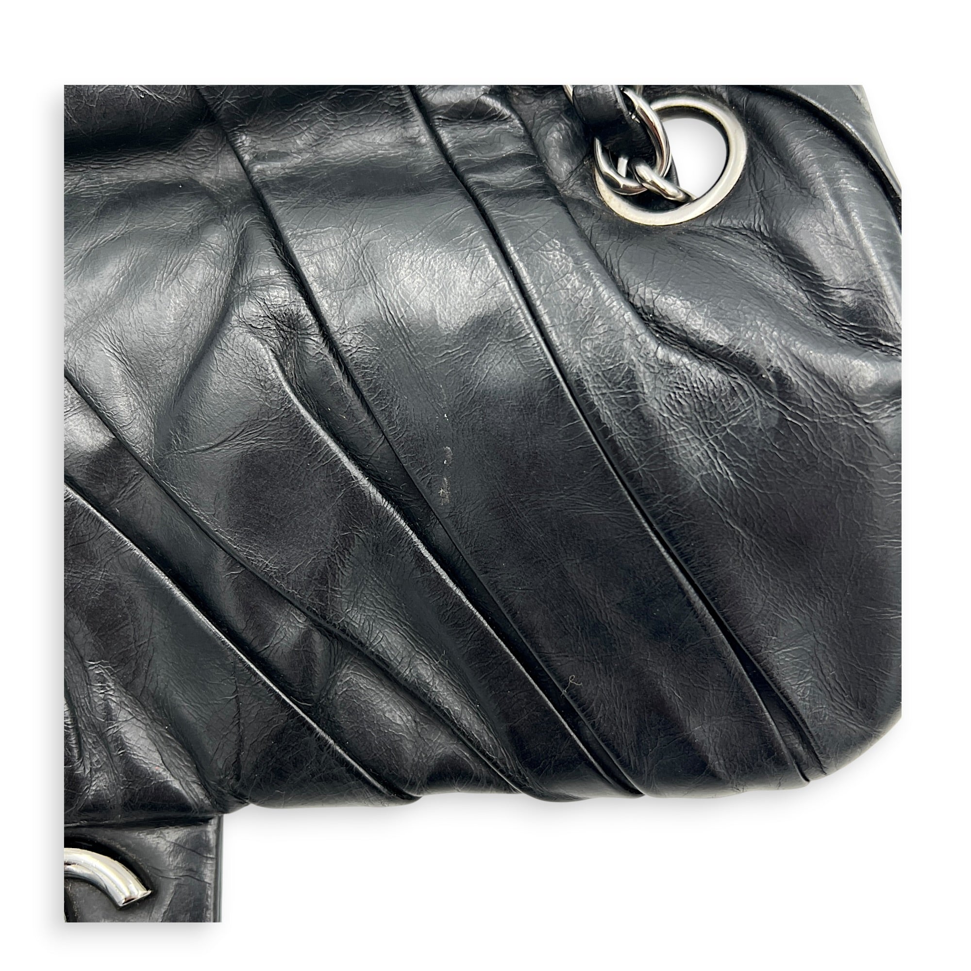 Twisted Flap Black Shoulder Bag in Calfskin, Silver hardware