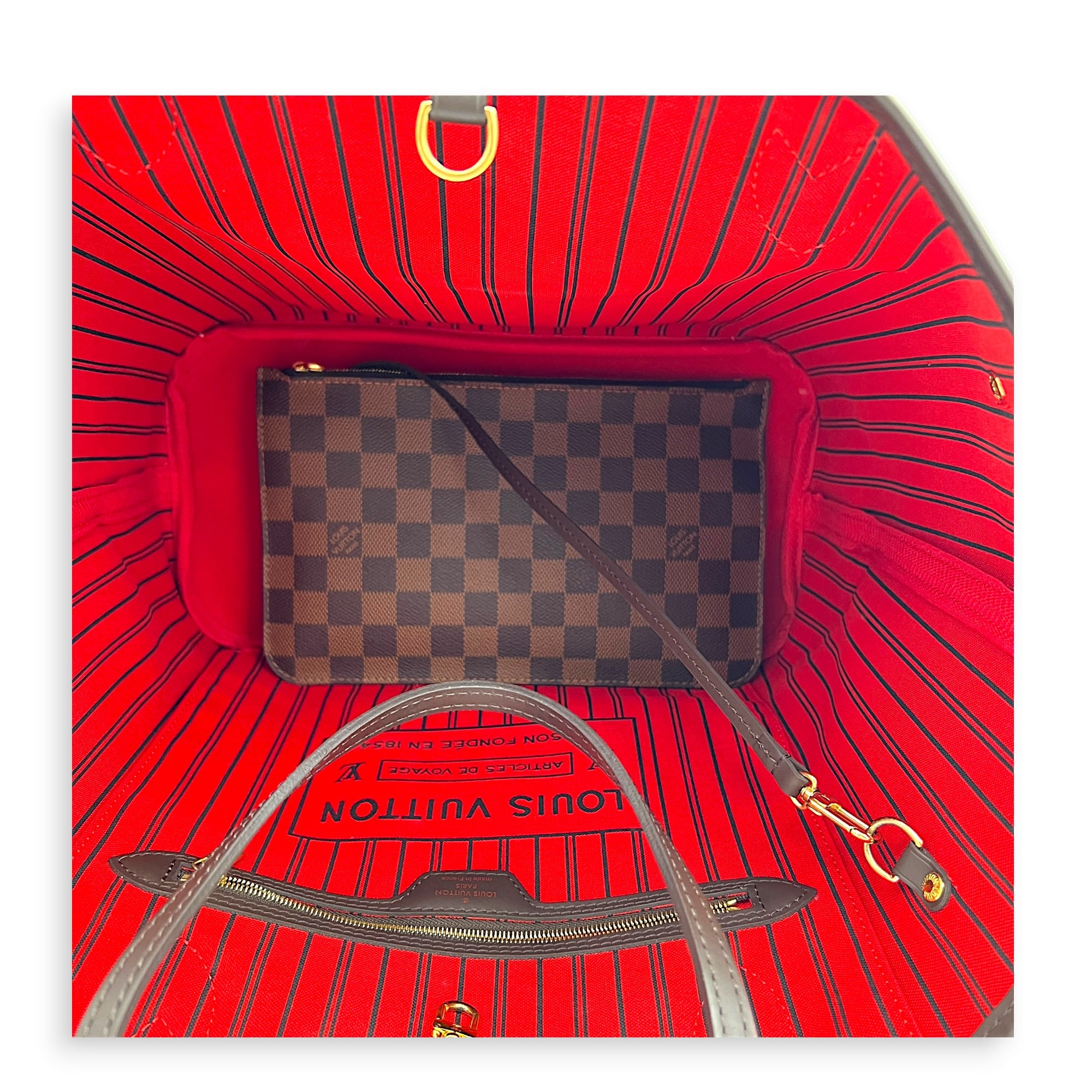 Neverfull MM with Pouch Damier Ebene Tote Bag in Coated Canvas, Gold hardware