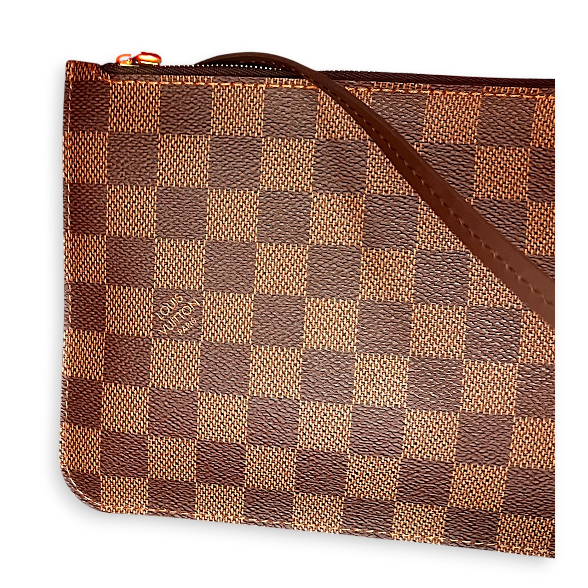 Neverfull MM with Pouch Damier Ebene Tote Bag in Coated Canvas, Gold hardware