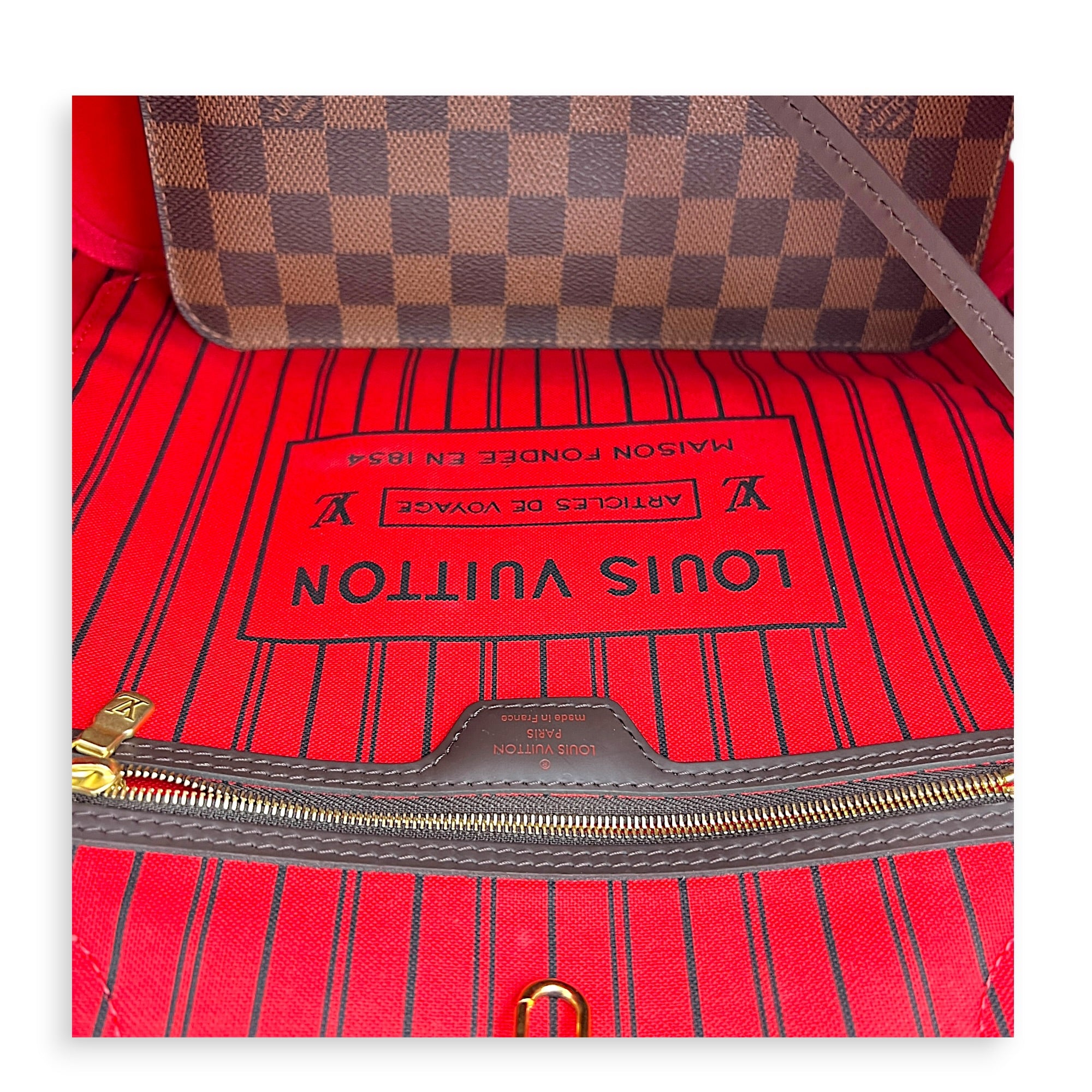 Neverfull MM with Pouch Damier Ebene Tote Bag in Coated Canvas, Gold hardware
