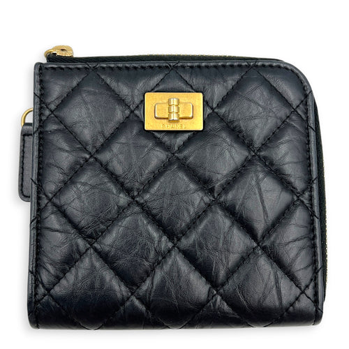 2.55 Wallet Zipped Black in Distressed Leather, Gold hardware