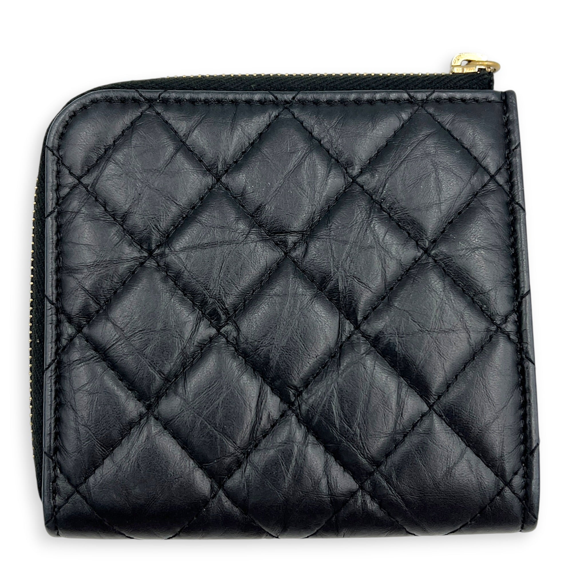 2.55 Wallet Zipped Black in Distressed Leather, Gold hardware