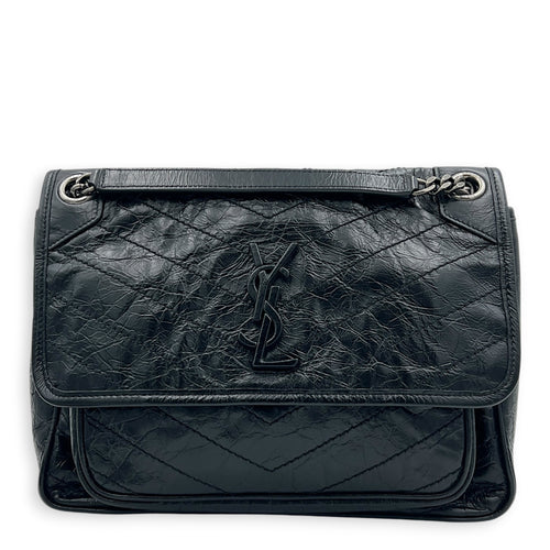 Niki Shoulder Bag Medium Noir in Distressed Leather, Silver hardware