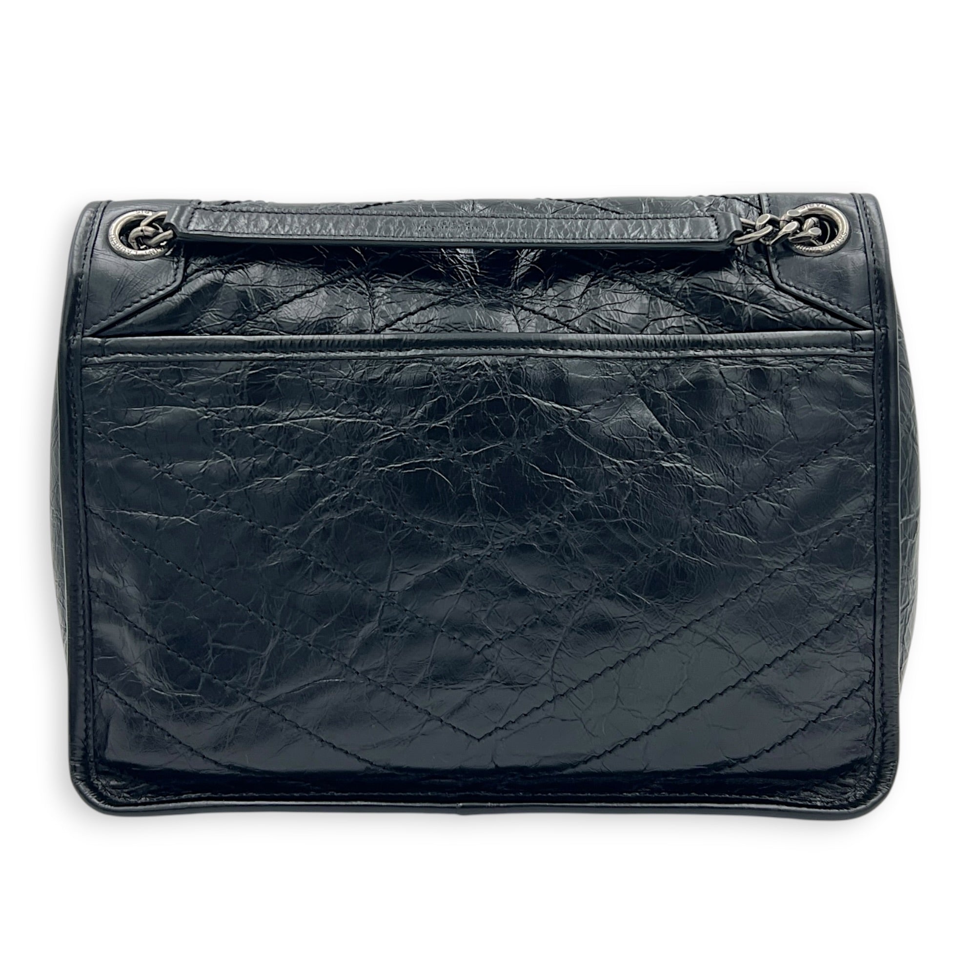 Niki Shoulder Bag Medium Noir in Distressed Leather, Silver hardware