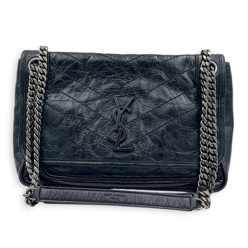 Niki Shoulder Bag Medium Noir in Distressed Leather, Silver hardware
