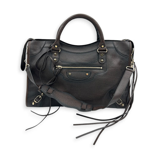 City Top Handle Bag Medium Brown in Calfskin, Gold hardware