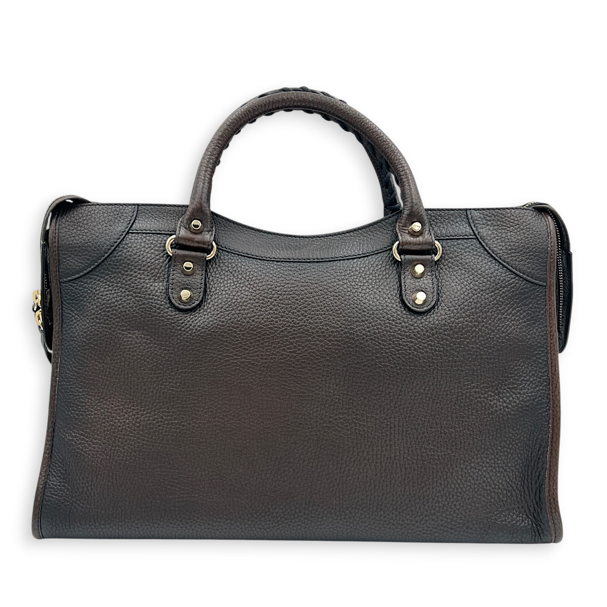 City Top Handle Bag Medium Brown in Calfskin, Gold hardware