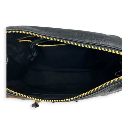 City Shoulder Bag Noir in Distressed Leather, Gold hardware