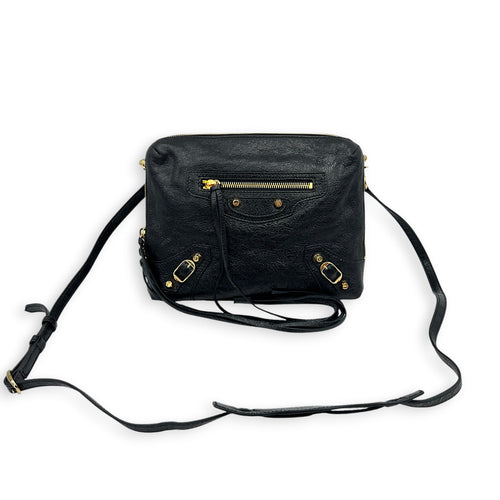 City Shoulder Bag Noir in Distressed Leather, Gold hardware