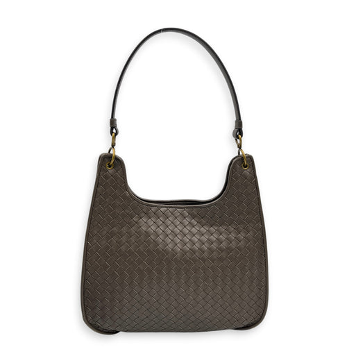 Intrecciato Shoulder Bag Brown in Intrecciato Leather, Gold hardware