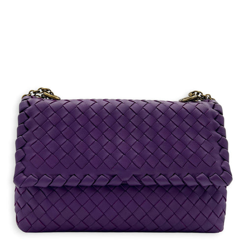 Intrecciato Shoulder Bag Purple in Intrecciato Leather, Antique Brass hardware