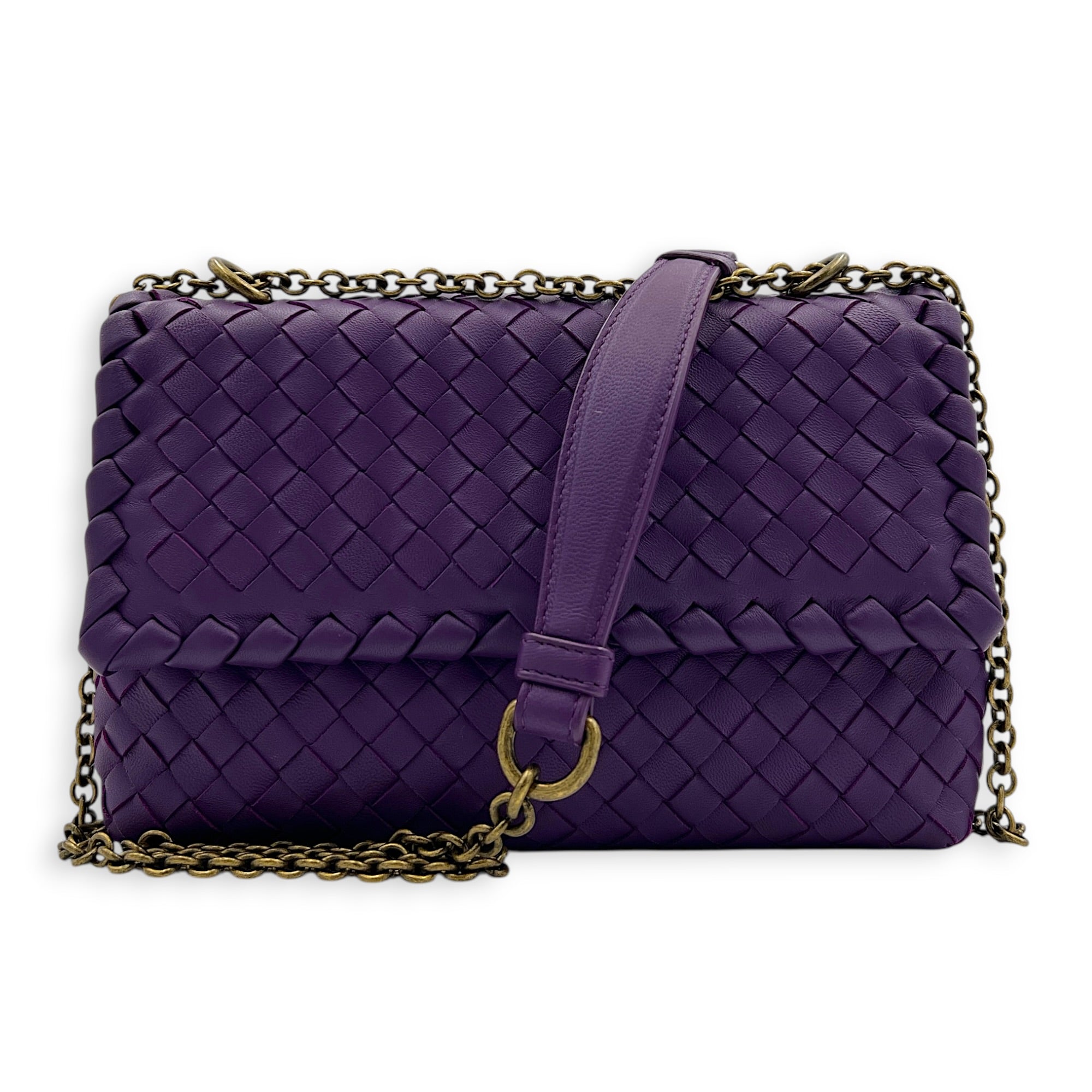 Intrecciato Shoulder Bag Purple in Intrecciato Leather, Antique Brass hardware