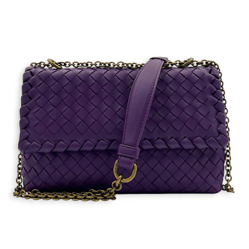 Intrecciato Shoulder Bag Purple in Intrecciato Leather, Antique Brass hardware
