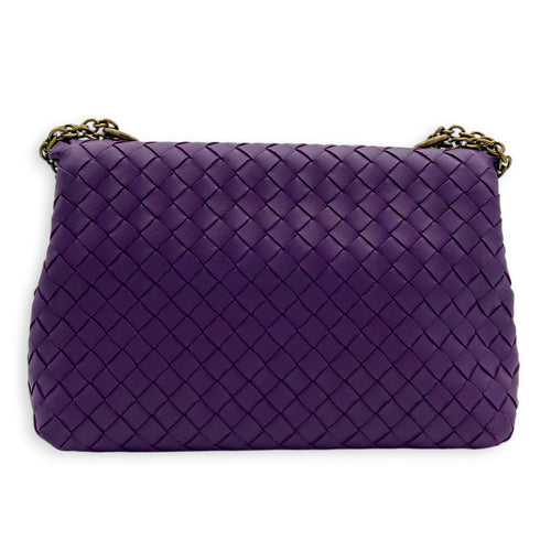 Intrecciato Shoulder Bag Purple in Intrecciato Leather, Antique Brass hardware